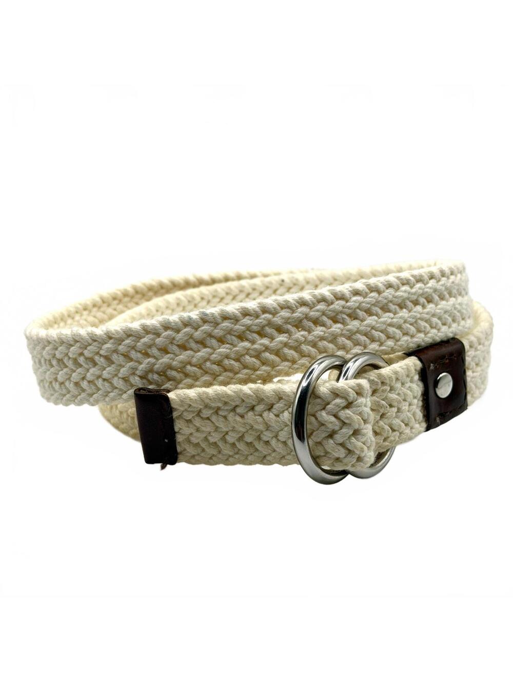 Vintage 90s White Braided Rope Leather Trim O-Ring Belt